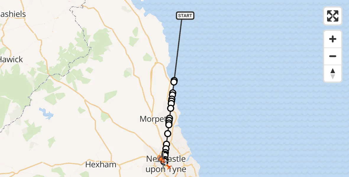 Flight route Coastguard Helicopter North Sea - Grainger Town, 19 June 2026, 22:57