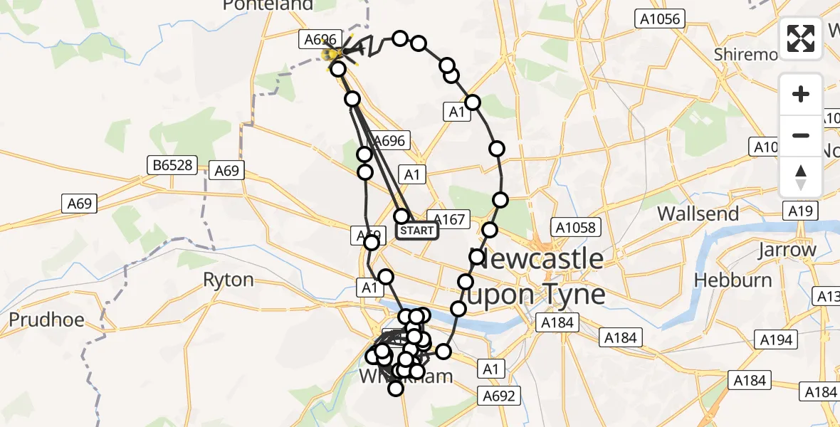 Flight route Police Helicopter Blakelaw - Newcastle International Airport, 19 June 2026, 23:04