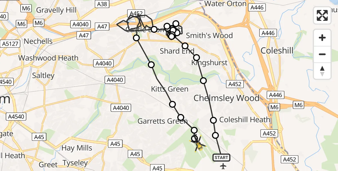Flight route Police Helicopter Birmingham Airport - Birmingham Airport, 19 June 2026, 23:05