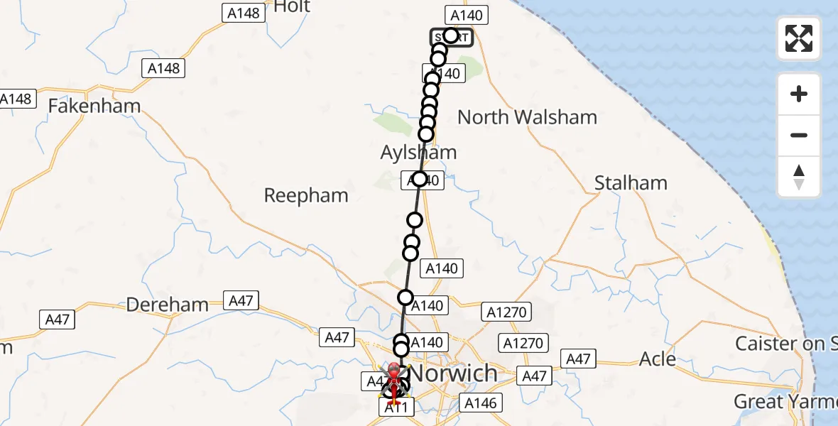 Flight route Air Ambulance Helicopter Roughton - Norfolk & Norwich Hospital, 19 June 2026, 23:12