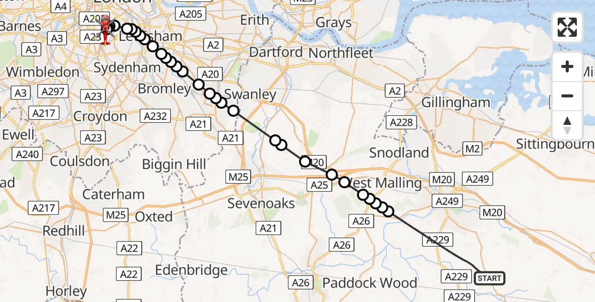 Flight route Air Ambulance Helicopter Maidstone - Kings College London Hospital, 19 June 2026, 23:59