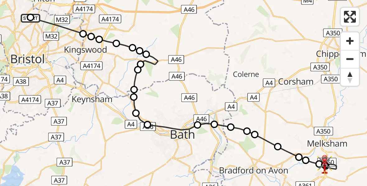 Flight route Air Ambulance Helicopter Southmead Hospital - Wiltshire Air Ambulance, 19 June 2026, 23:59