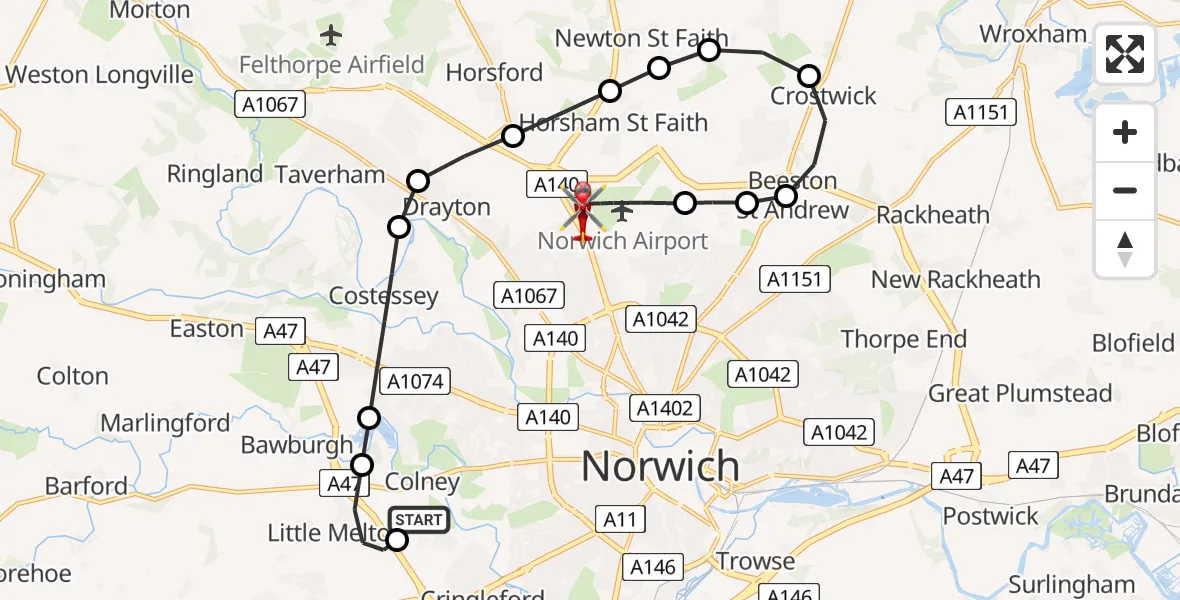 Flight route Air Ambulance Helicopter Norfolk & Norwich Hospital - Norwich Airport, 20 June 2026, 00:03