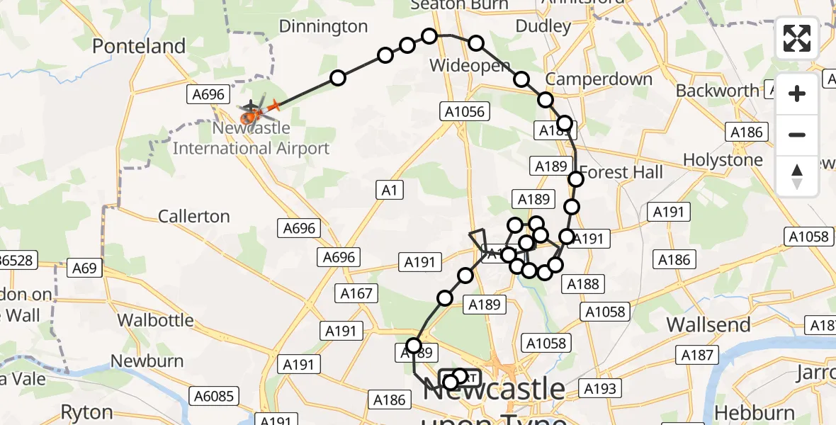 Flight route Coastguard Helicopter Newcastle Royal Victoria Infirmary - Newcastle International Airport, 20 June 2026, 00:19