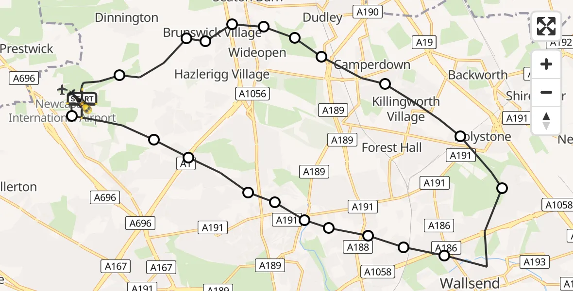 Flight route Police Helicopter Newcastle International Airport - Newcastle International Airport, 20 June 2026, 00:29