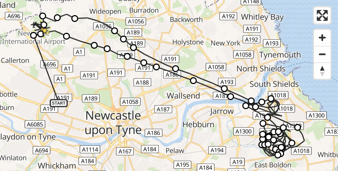 Flight route Police Helicopter Blakelaw - Newcastle International Airport, 20 June 2026, 01:10