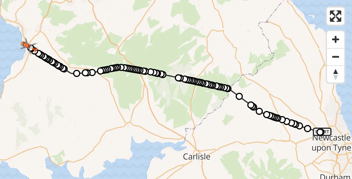 Flight route Coastguard Helicopter Newcastle International Airport - Glasgow Prestwick Airport, 20 June 2026, 01:10