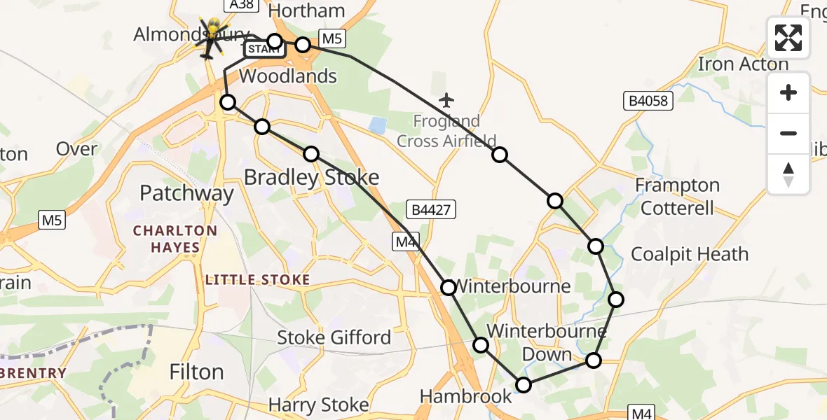 Flight route Police Helicopter Almondsbury Helicopter Base - Woodlands, 20 June 2026, 01:18