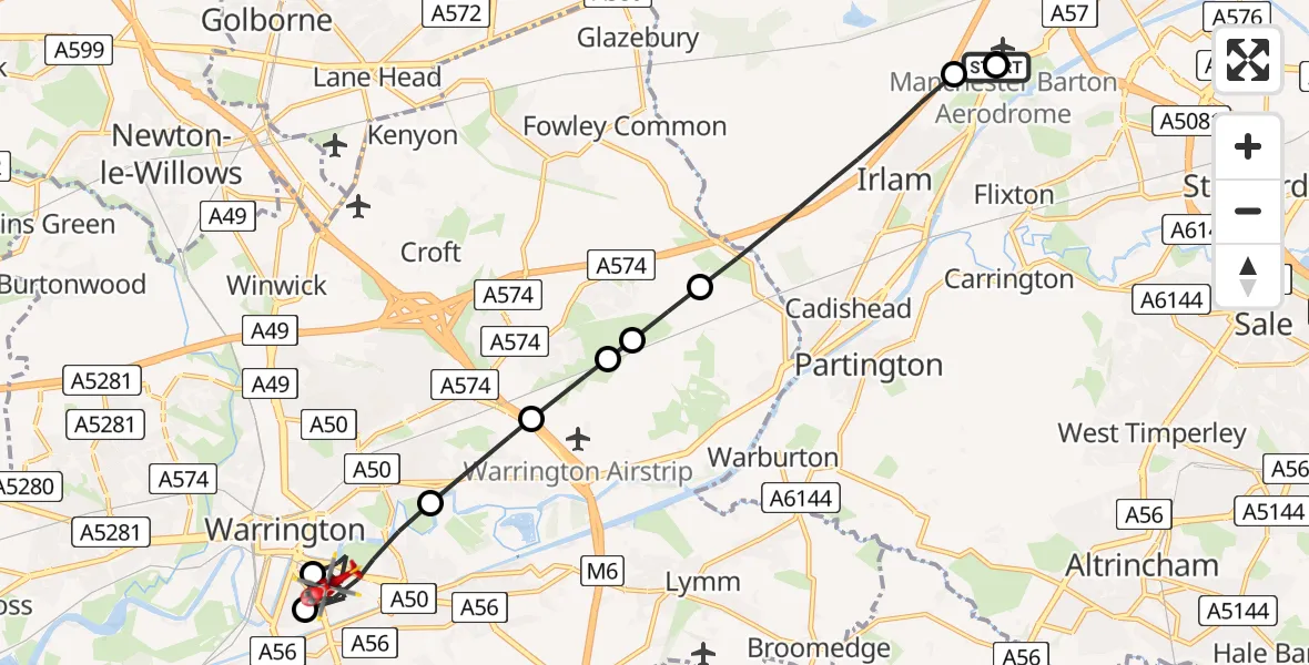 Flight route Air Ambulance Helicopter Manchester Barton Aerodrome - Warrington, 20 June 2026, 06:40