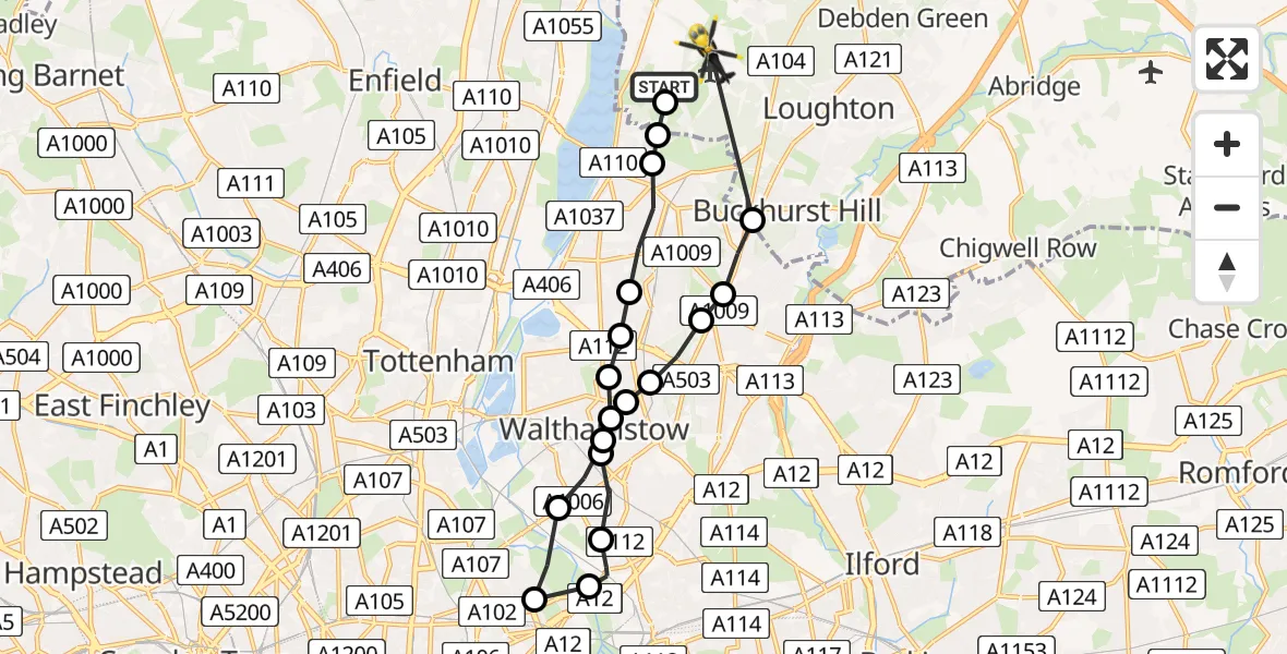 Flight route Police Helicopter Chingford - Sewardstonebury, 20 June 2026, 06:46