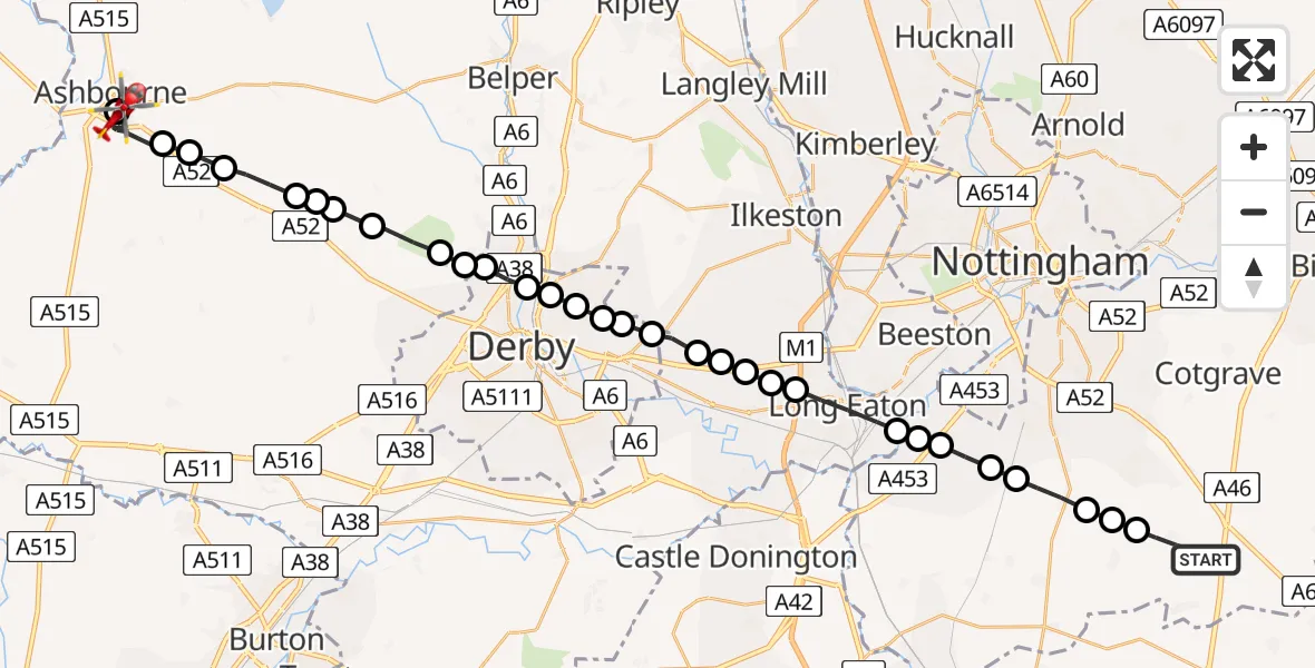 Flight route Air Ambulance Helicopter Widmerpool - Ashbourne CP, 20 June 2026, 06:59