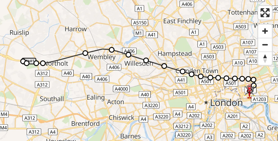 Flight route Air Ambulance Helicopter RAF Northolt - Royal London Hospital, 20 June 2026, 07:29
