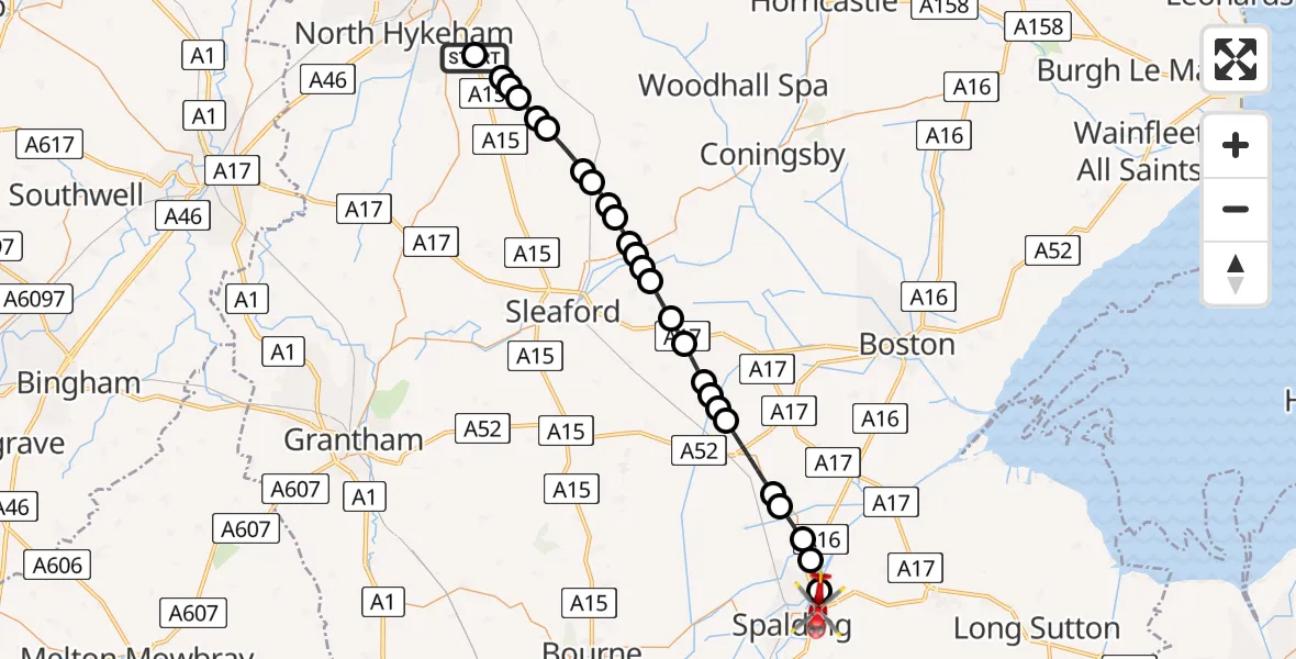 Flight route Air Ambulance Helicopter RAF Waddington - Spalding, 20 June 2026, 07:51