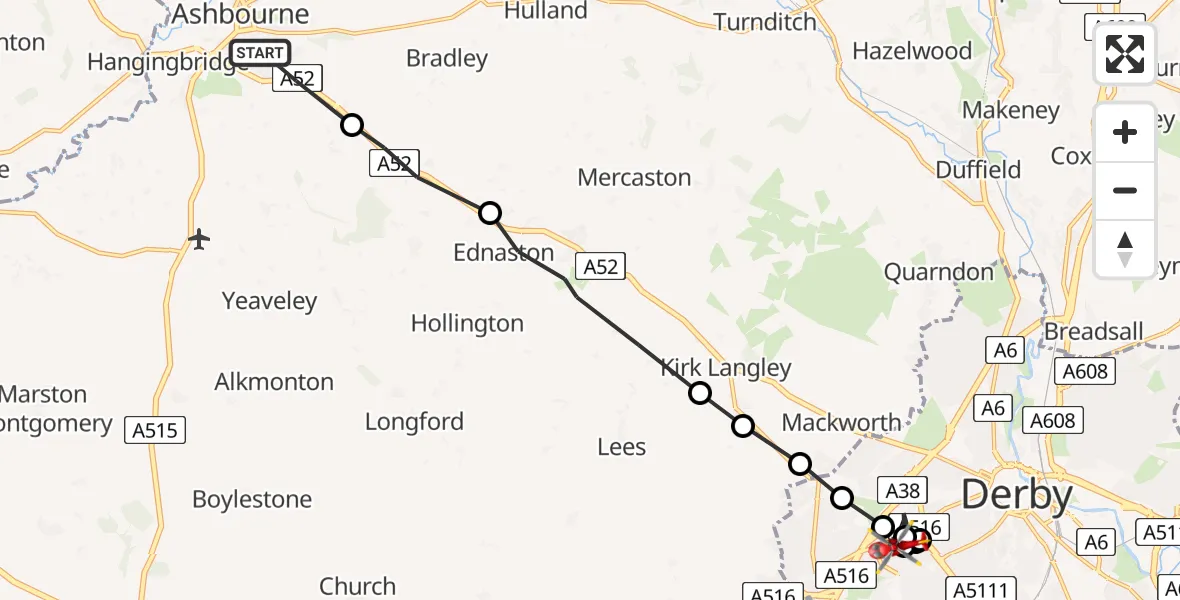 Flight route Air Ambulance Helicopter Ashbourne CP - Royal Derby Trauma Unit, 20 June 2026, 07:57