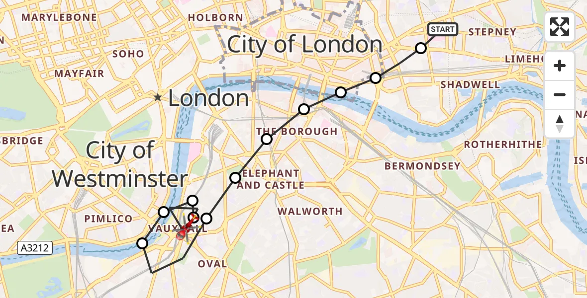 Flight route Air Ambulance Helicopter Royal London Hospital - Vauxhall, 20 June 2026, 08:00