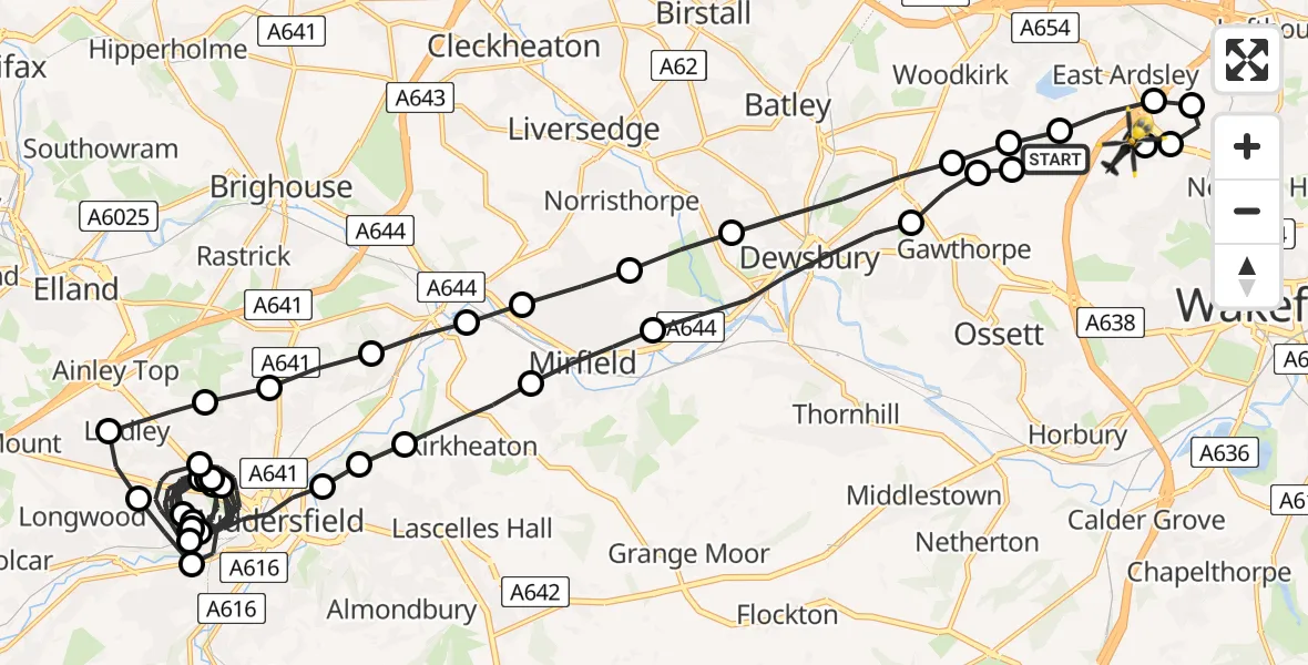 Flight route Police Helicopter Woodkirk - East Ardsley, 20 June 2026, 08:12
