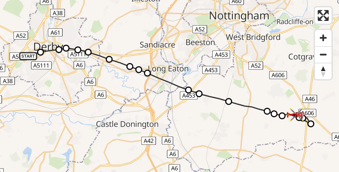 Flight route Air Ambulance Helicopter Royal Derby Trauma Unit - Widmerpool, 20 June 2026, 08:31