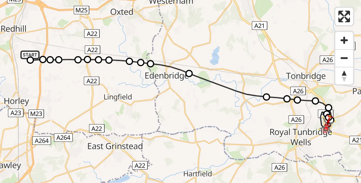 Flight route Air Ambulance Helicopter Redhill Aerodrome - Tunbridge Wells Hospital Heliport, 20 June 2026, 08:37