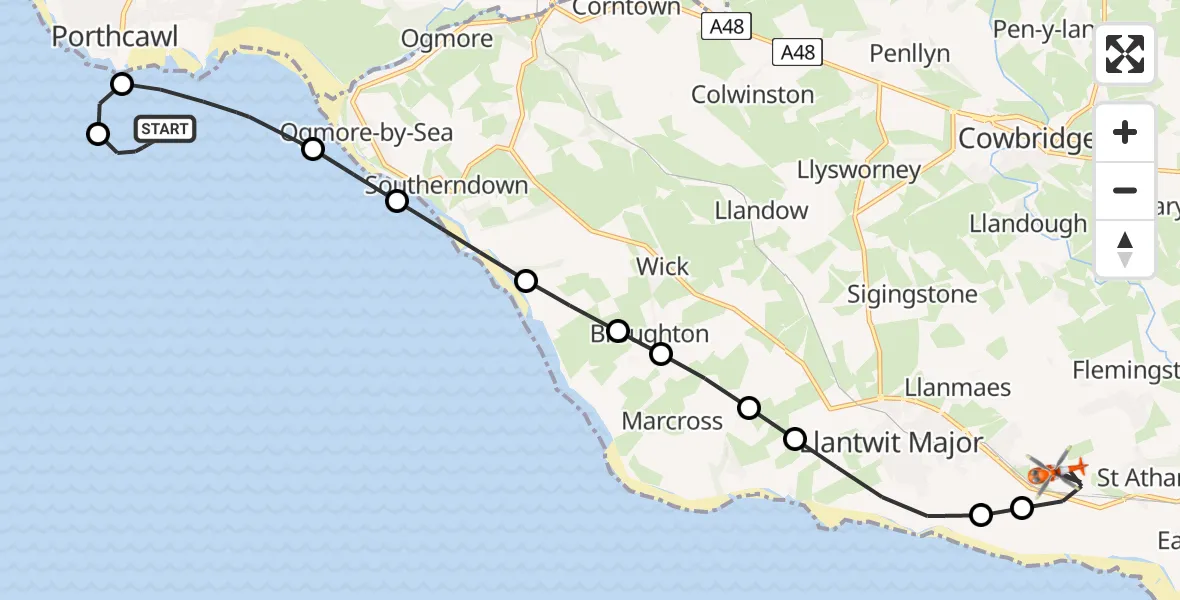 Flight route Coastguard Helicopter Newton - MOD St Athan, 20 June 2026, 08:46