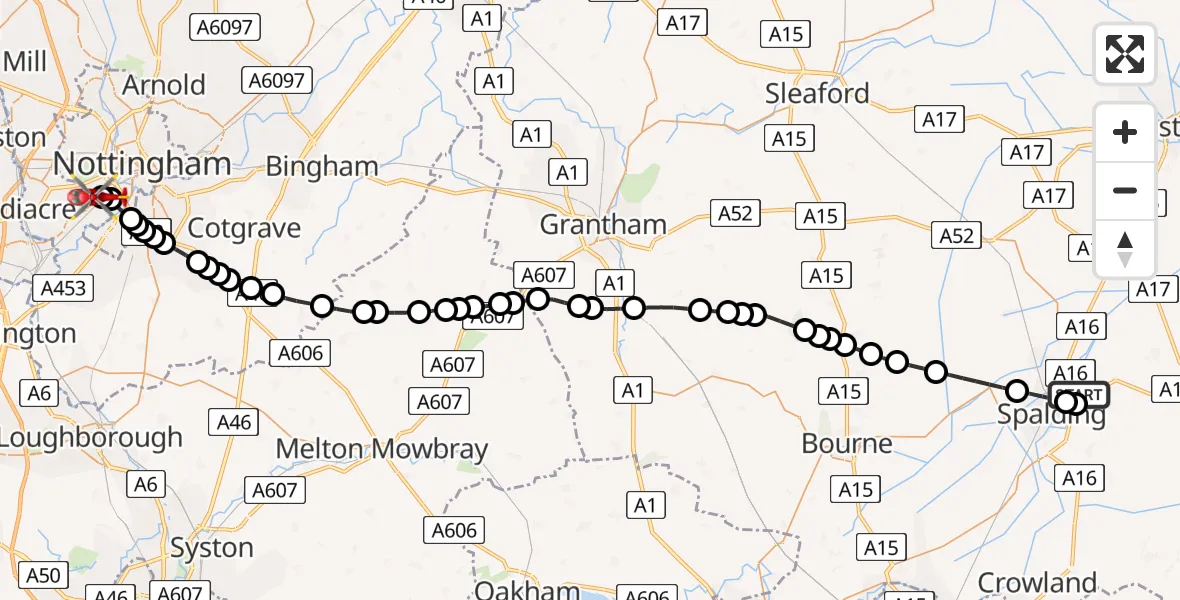 Flight route Air Ambulance Helicopter Spalding - Beeston, 20 June 2026, 08:50