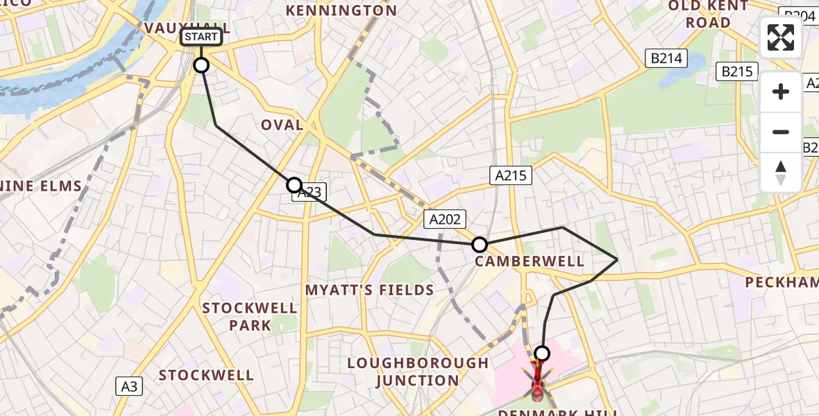 Flight route Air Ambulance Helicopter Vauxhall - Kings College London Hospital, 20 June 2026, 08:51