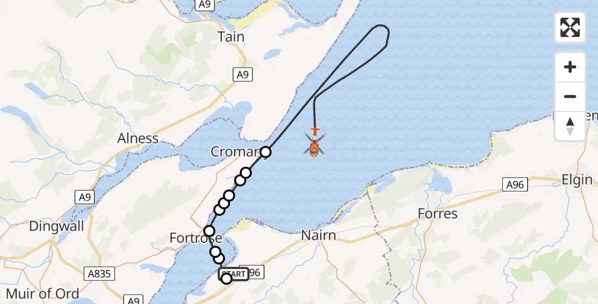 Flight route Coastguard Helicopter Inverness Airport - North Sea, 20 June 2026, 09:15