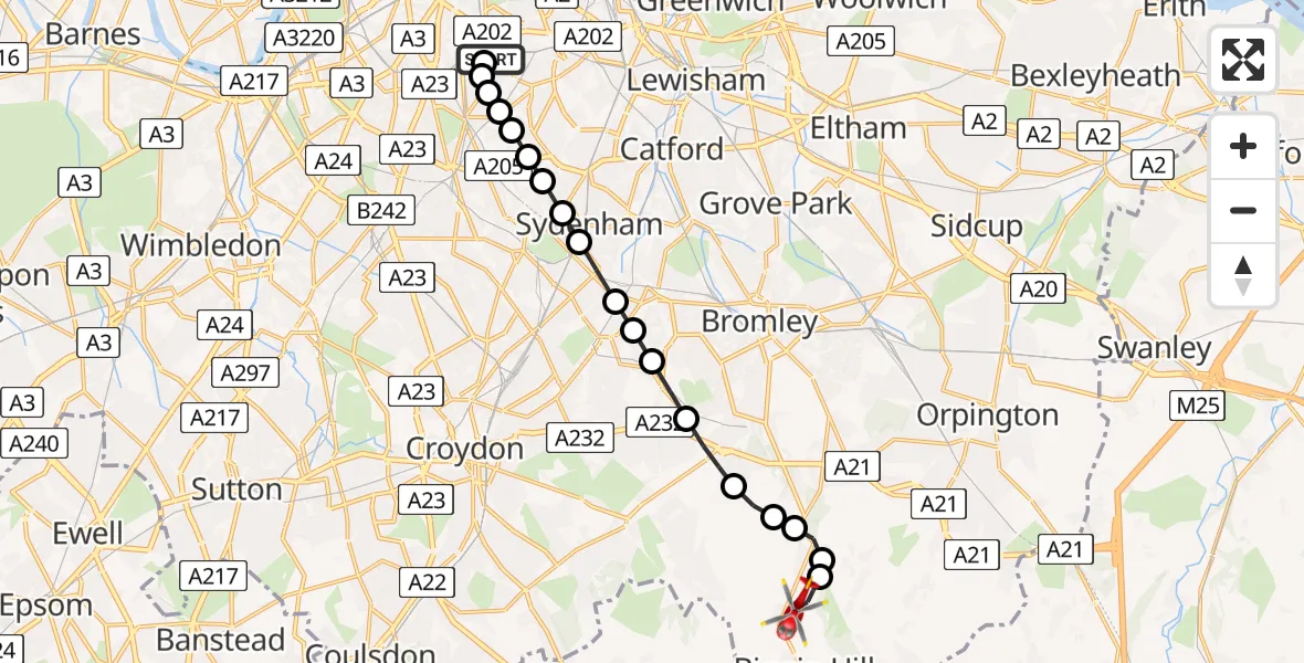Flight route Air Ambulance Helicopter Kings College London Hospital - London Biggin Hill Airport, 20 June 2026, 09:29