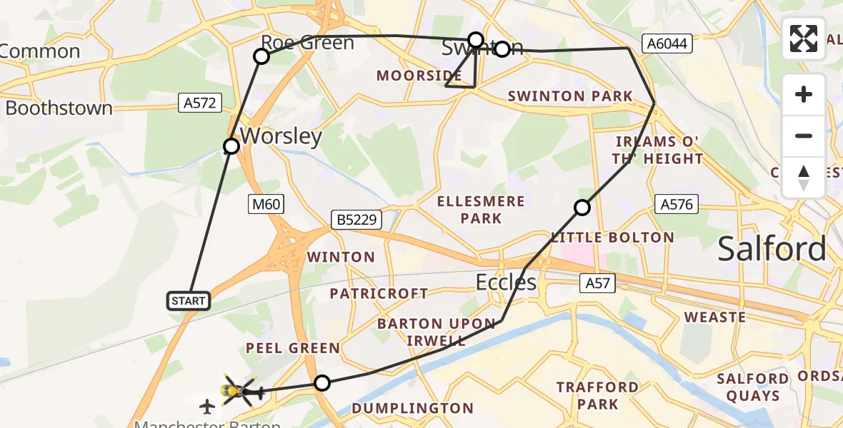 Flight route Police Helicopter Worsley - Manchester Barton Aerodrome, 20 June 2026, 09:39