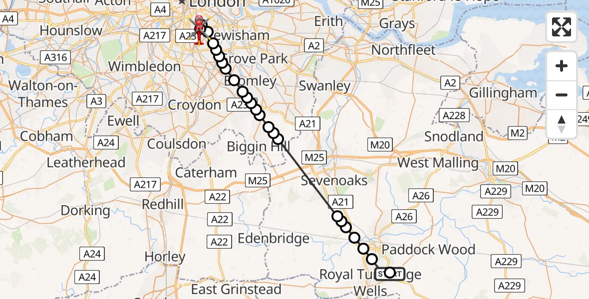 Flight route Air Ambulance Helicopter Tunbridge Wells Hospital Heliport - Kings College London Hospital, 20 June 2026, 09:44