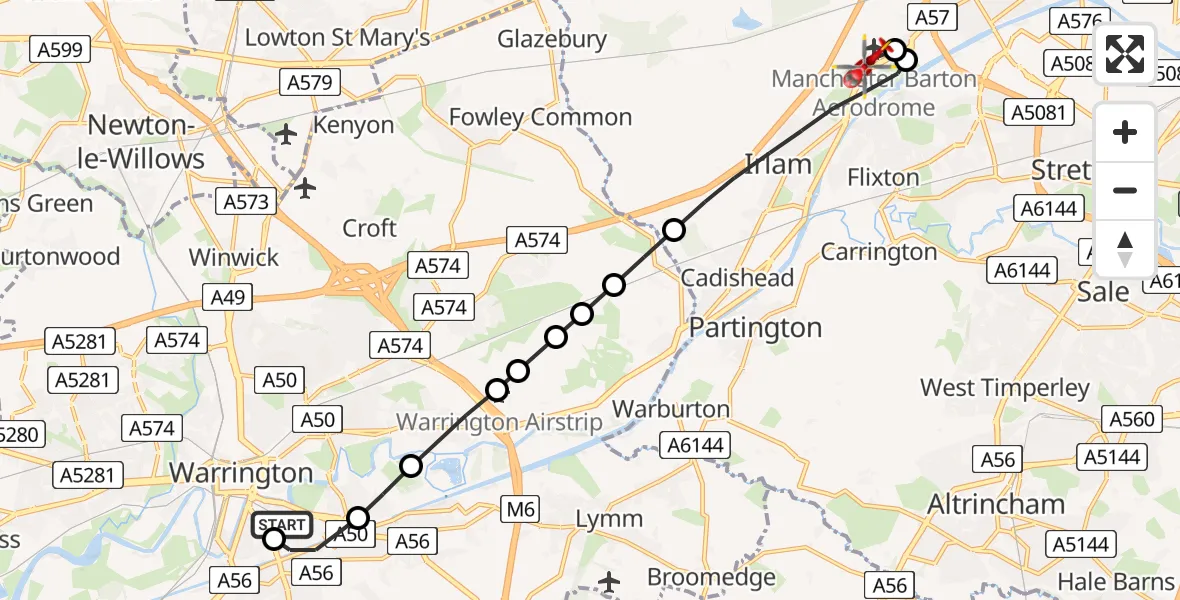 Flight route Air Ambulance Helicopter Warrington - Manchester Barton Aerodrome, 20 June 2026, 09:55