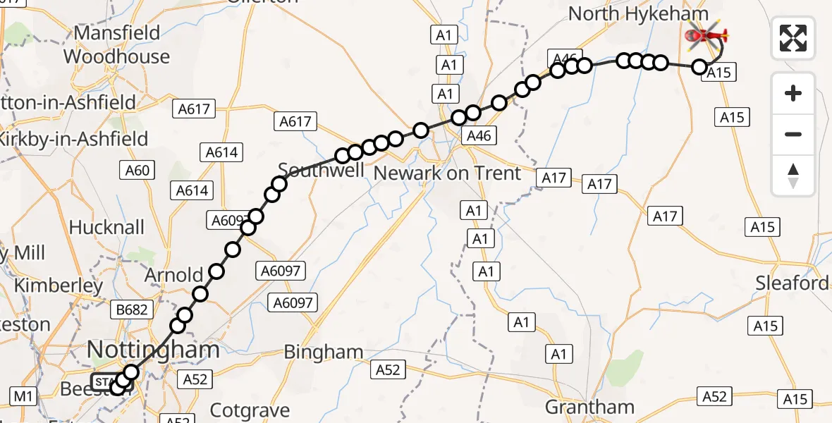 Flight route Air Ambulance Helicopter Beeston - North Kesteven, 20 June 2026, 10:01
