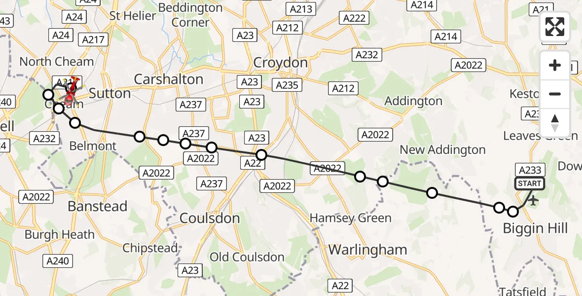 Flight route Air Ambulance Helicopter London Biggin Hill Airport - Benhilton, 20 June 2026, 10:09