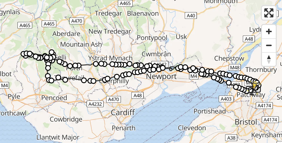 Flight route Police Helicopter Almondsbury Helicopter Base - Almondsbury Helicopter Base, 20 June 2026, 10:12