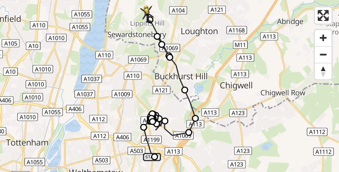 Flight route Police Helicopter South Woodford - Metropolitan Police Air Support Unit Lippitts Hill, 20 June 2026, 10:20