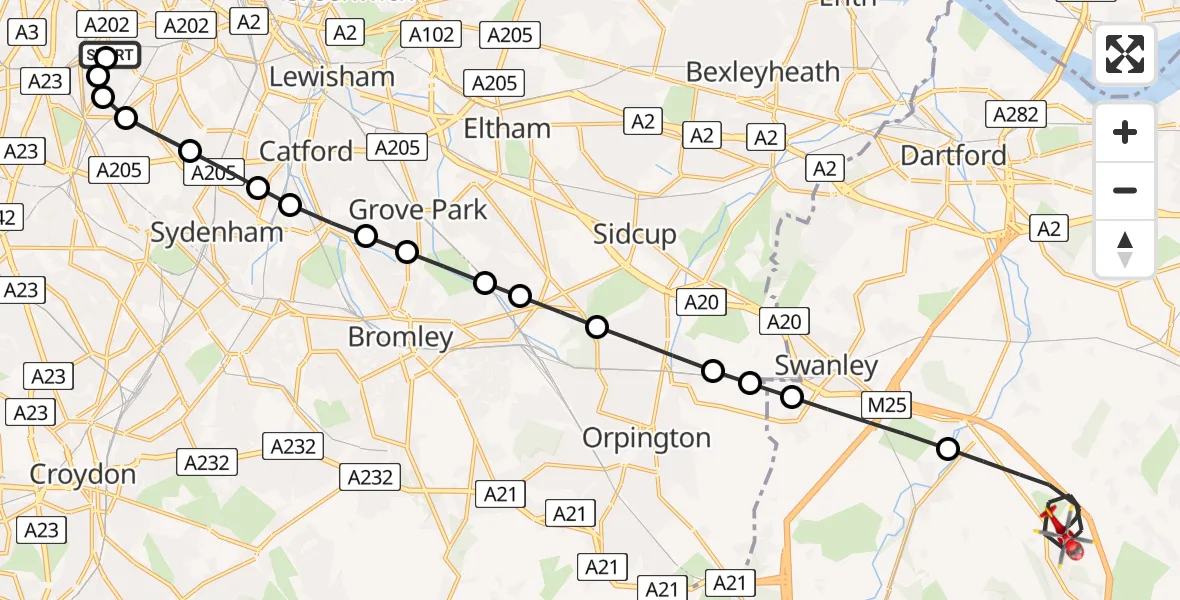 Flight route Air Ambulance Helicopter Kings College London Hospital - Sevenoaks, 20 June 2026, 10:39