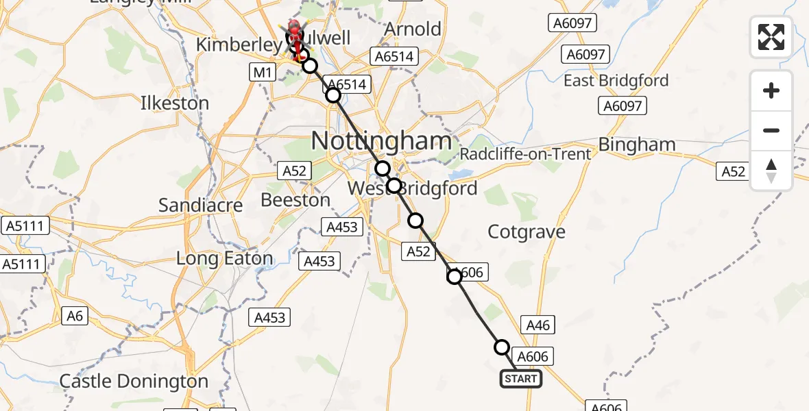 Flight route Air Ambulance Helicopter Widmerpool - Nuthall, 20 June 2026, 10:48