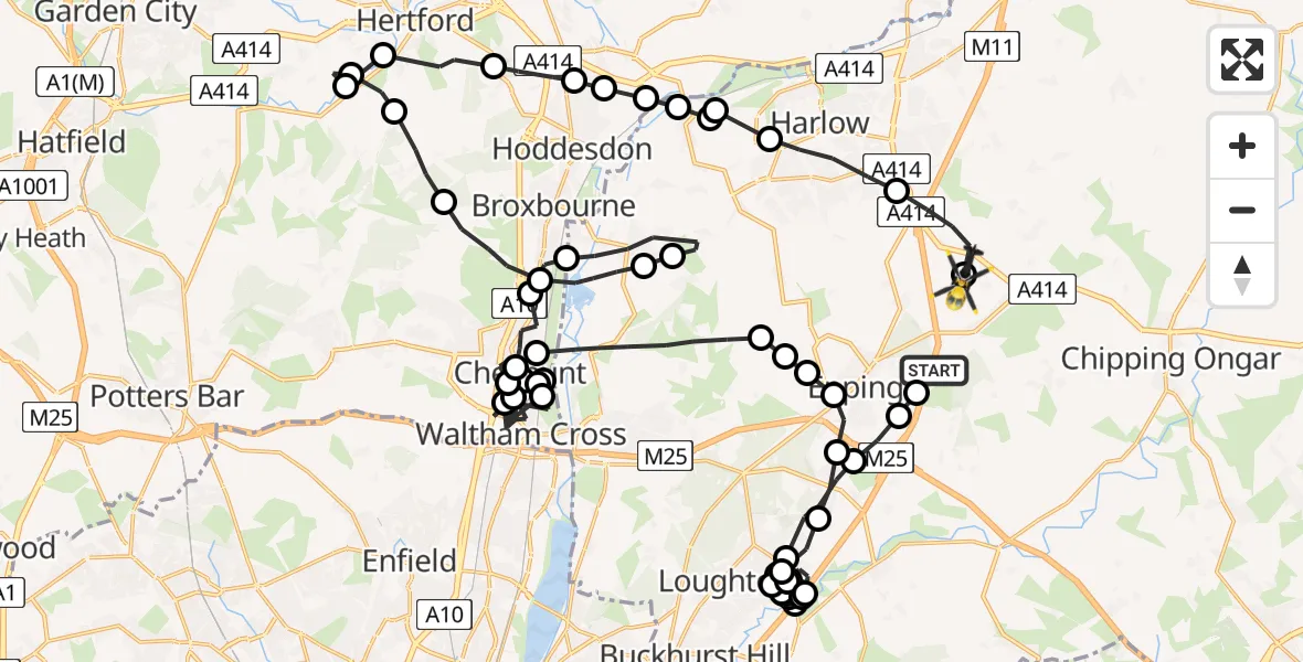 Flight route Police Helicopter Coopersale - North Weald Airfield, 20 June 2026, 10:52