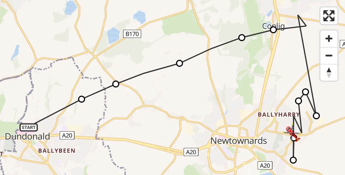 Flight route Air Ambulance Helicopter Lisburn and Castlereagh District - Bangor, 20 June 2026, 10:57