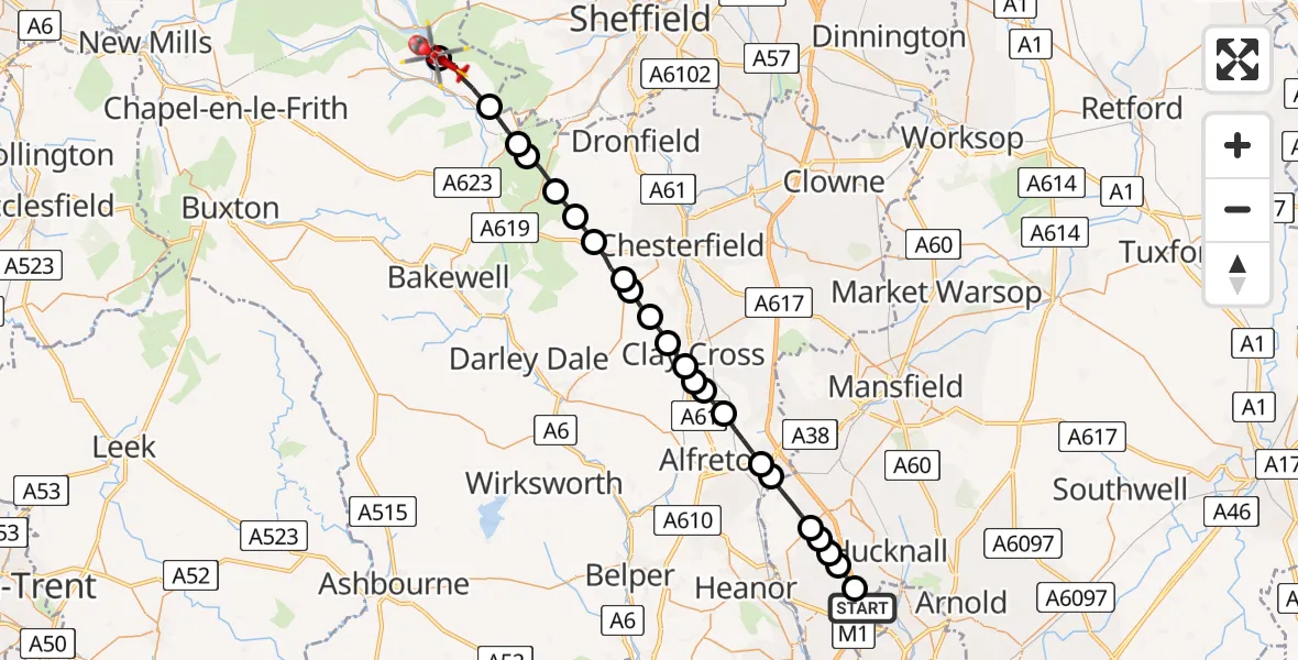 Flight route Air Ambulance Helicopter Nuthall - Bamford, 20 June 2026, 11:06