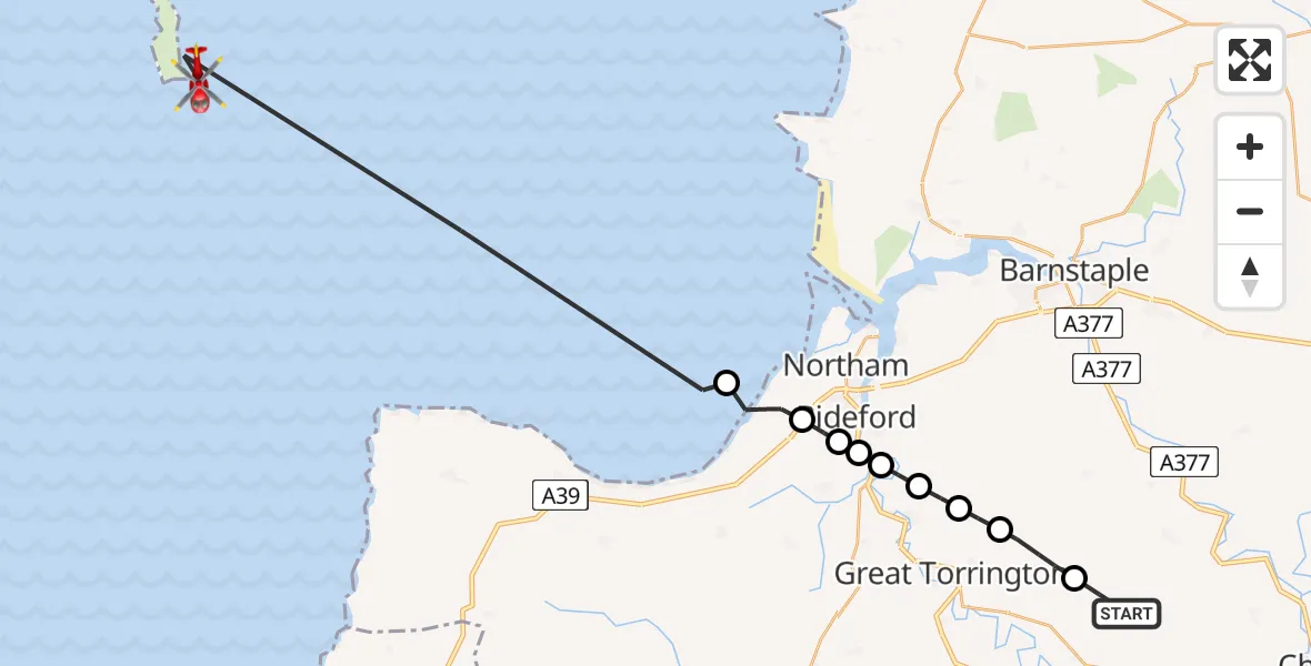 Flight route Air Ambulance Helicopter Roborough - Bristol Channel, 20 June 2026, 11:10