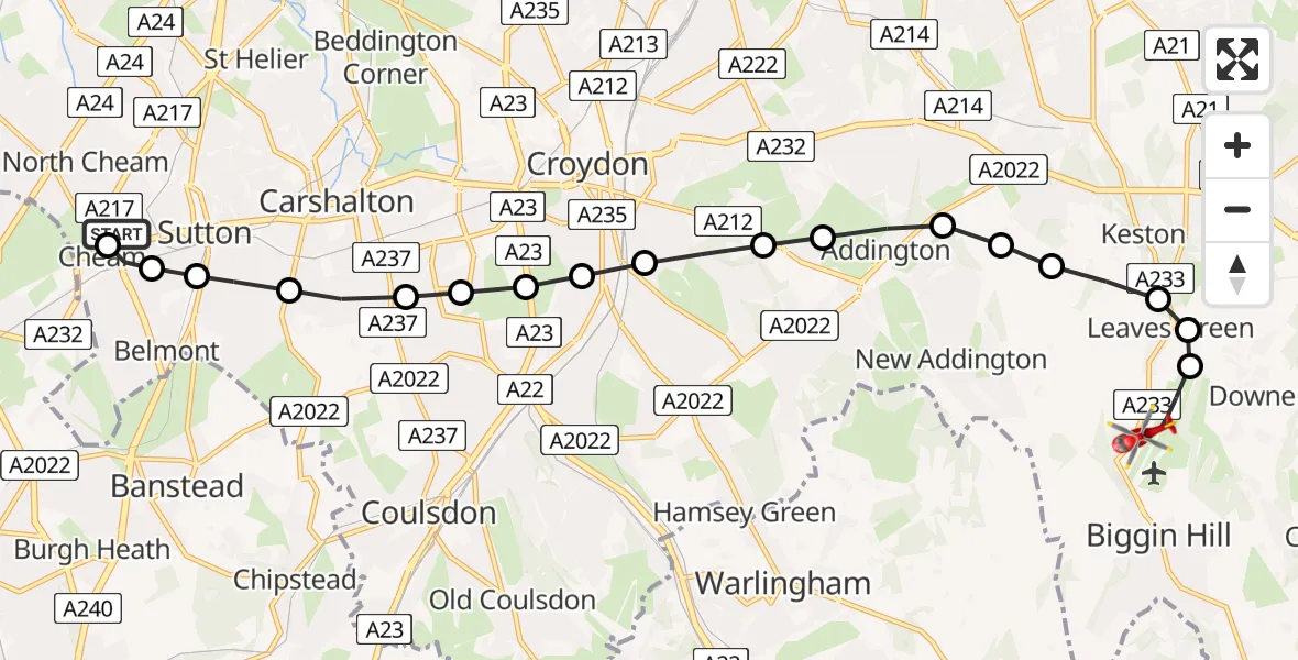 Flight route Air Ambulance Helicopter Benhilton - London Biggin Hill Airport, 20 June 2026, 11:17