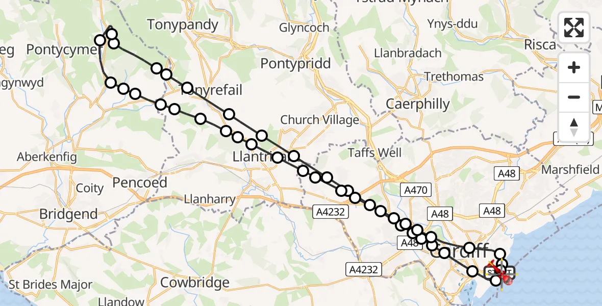 Flight route Air Ambulance Helicopter Cardiff Heliport - Cardiff Heliport, 20 June 2026, 11:37