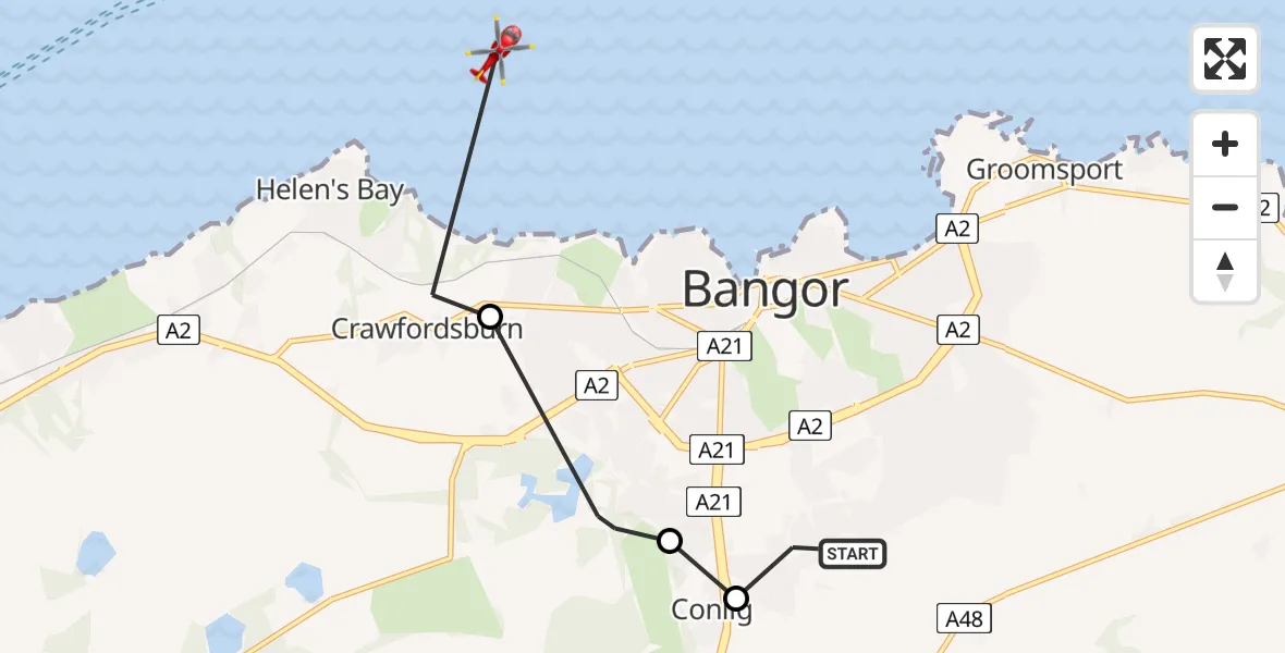 Flight route Air Ambulance Helicopter Bangor - Inner Seas, 20 June 2026, 11:37