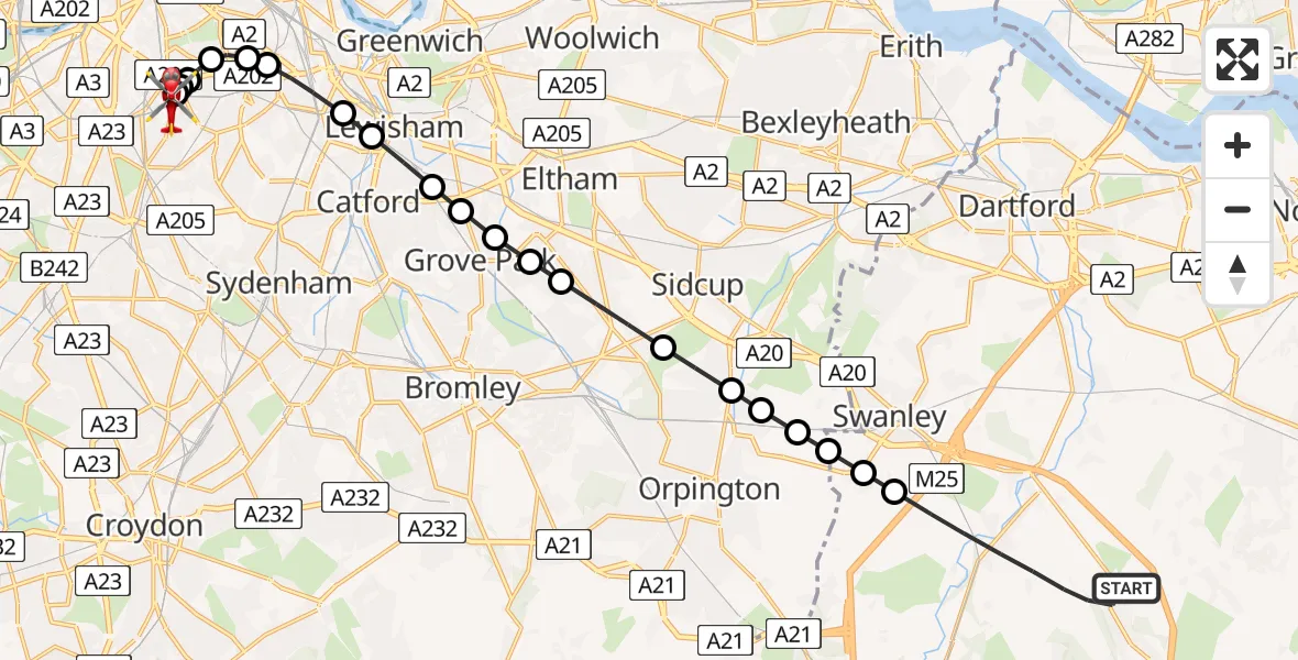 Flight route Air Ambulance Helicopter Sevenoaks - Kings College London Hospital, 20 June 2026, 11:46
