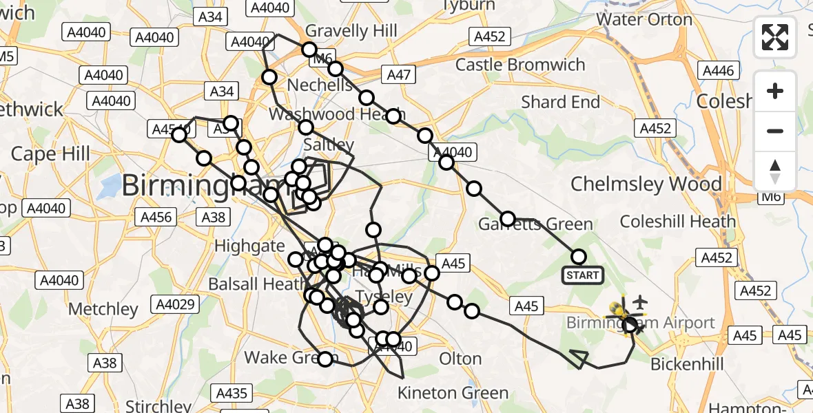 Flight route Police Helicopter Birmingham Airport - Birmingham Airport, 20 June 2026, 11:52