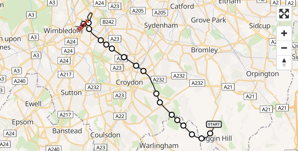 Flight route Air Ambulance Helicopter London Biggin Hill Airport - St Georges Hospital, 20 June 2026, 11:54