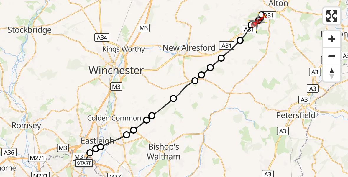 Flight route Air Ambulance Helicopter Swaythling - East Hampshire, 20 June 2026, 11:57