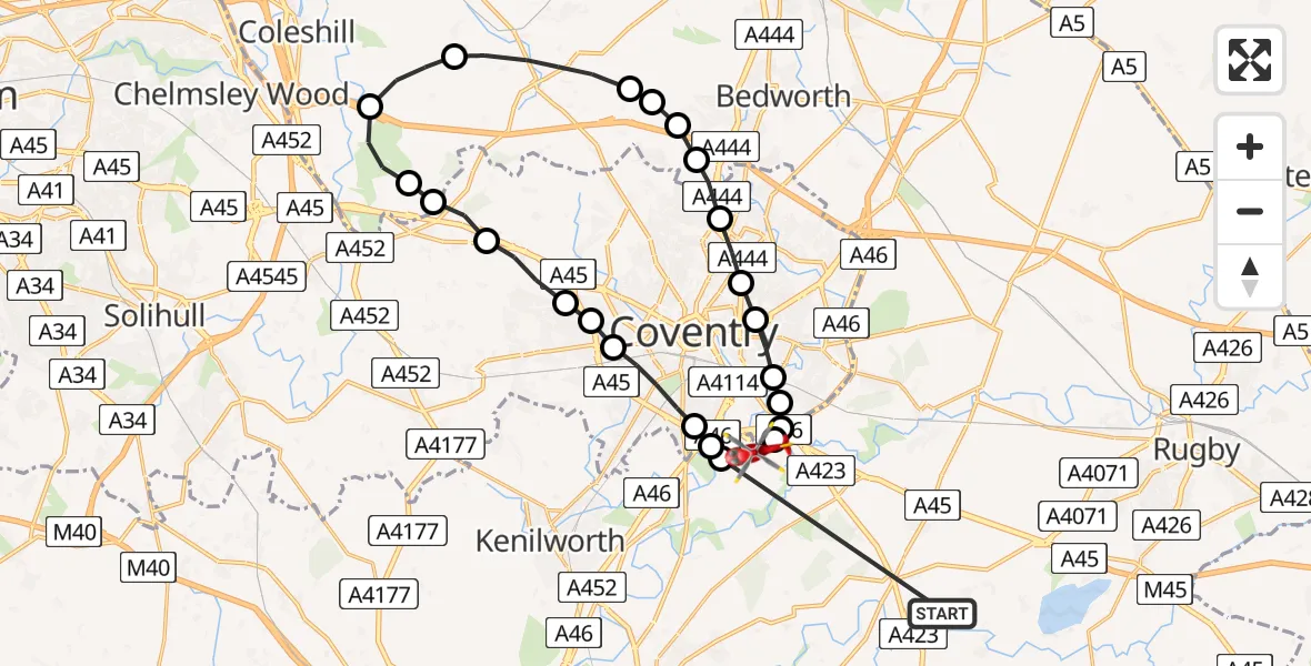Flight route Air Ambulance Helicopter Rugby - Coventry Airport, 20 June 2026, 12:02