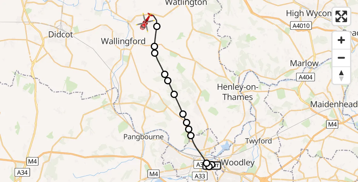 Flight route Air Ambulance Helicopter Royal Berkshire Hospital - RAF Benson, 20 June 2026, 12:05