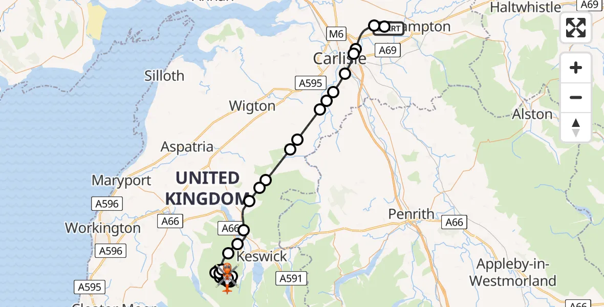 Flight route Coastguard Helicopter Carlisle Lake District Airport - Stair, 20 June 2026, 12:19